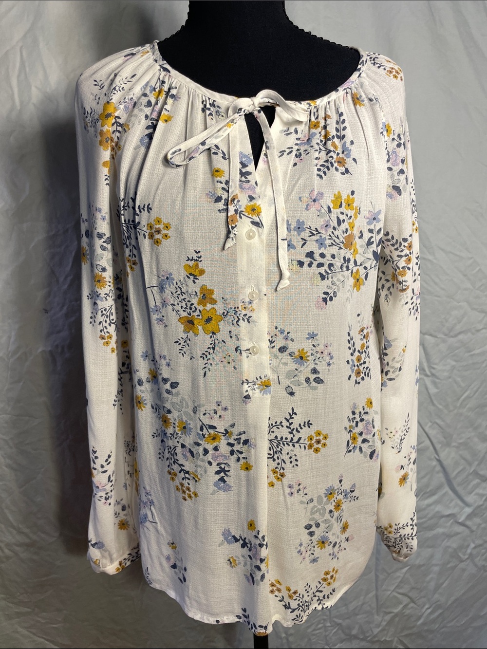 Lucky Brand White Floral Tie-Neck Blouse with Yellow & Blue Accents